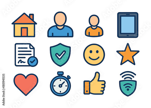 Vector Colorful icon set with people, devices, and symbols in blue and orange