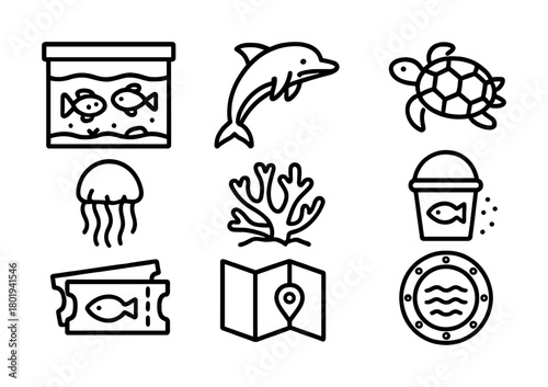 Vector Aquatic icons: fish tank, dolphin, turtle, jellyfish, coral, bucket, tickets, map, porthole