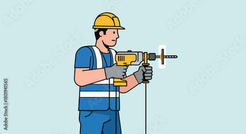 Cartoon construction worker using power drill flat vector.
