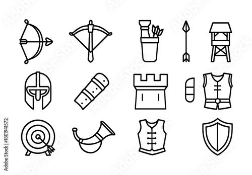 Vector Medieval weaponry and defense icons including bow, crossbow, and armor