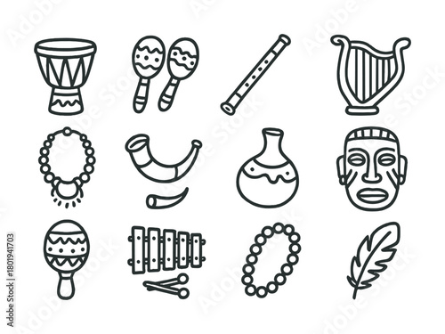 Vector Hand-drawn musical instruments icons: drums, maracas, flute, harp, beads, and more