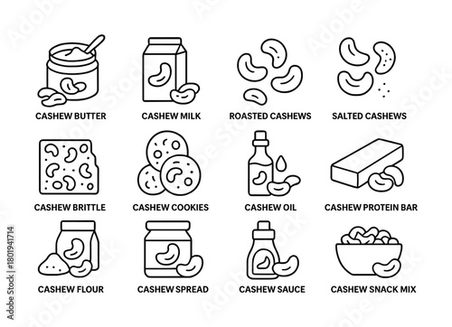 Vector Various cashew products: butter, milk, snacks, cookies, oil, and flour icons