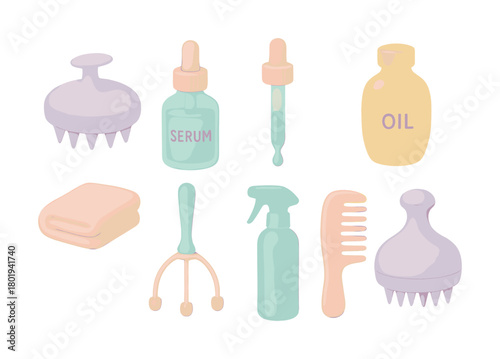 Vector Colorful hair care tools and products set with shampoo and comb