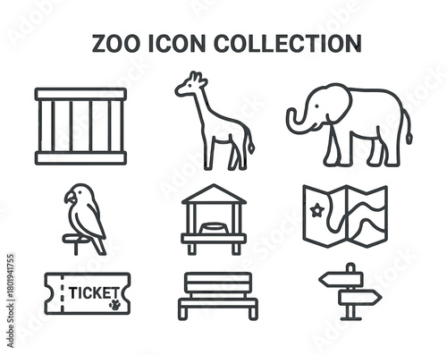 Vector Zoo icon collection: cage, giraffe, elephant, bird, map, ticket, bench, direction sign