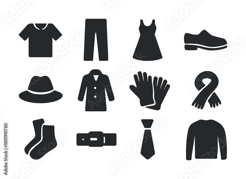 Vector Silhouette icons of clothing and accessories including hat, coat, gloves, and shoes