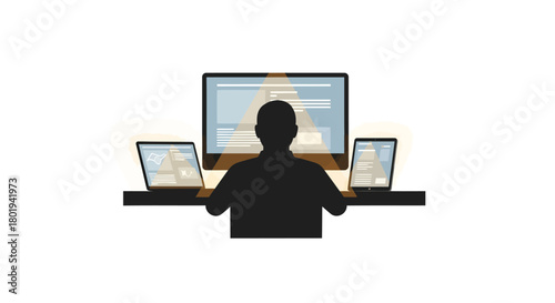 Silhouette of a person working on a computer with multiple screens and devices on a desk