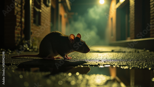 Fototapeta Naklejka Na Ścianę i Meble -  Rat in dimly lit alley, surrounded by mist and reflections on wet pavement, creates mysterious atmosphere