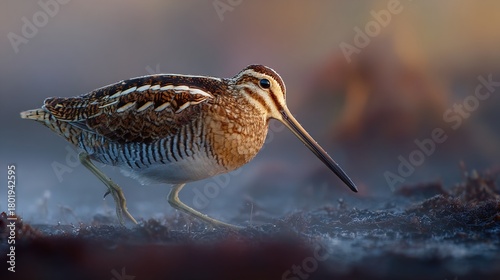woodcock. A woodcock bird probing wet earth for worms in the misty dawn light. wildlife magazines, conservation campaigns, designed for wildlife conservation campaigns and eco-tourism storytelling.