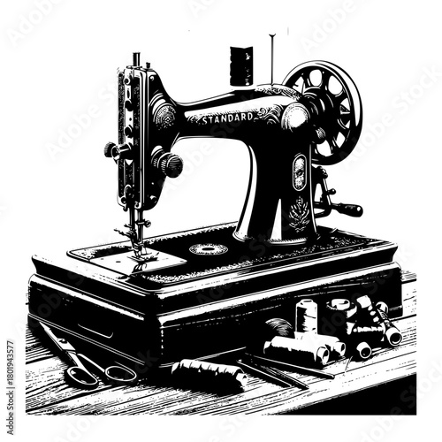 vintage standard sewing machine placed on a wooden table, surrounded by various sewing supplies vector image illustration