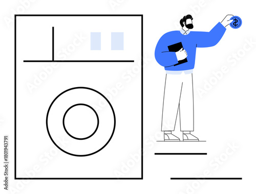 Man holding detergent capsule near front-load washing machine, emphasizing home care, efficiency, and technology. Ideal for laundry, cleanliness, appliances, modern living, hygiene concepts