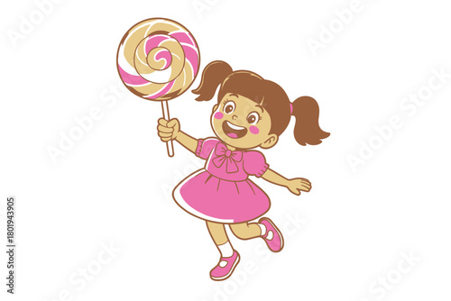 A happy child holds a large lollipop while smiling and jumping in excitement.