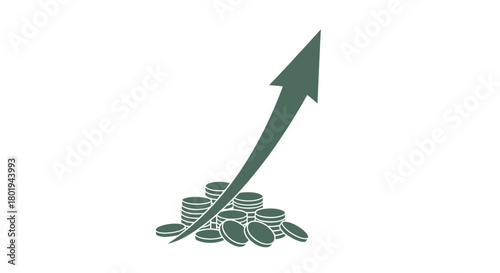 Green arrow pointing upwards from a pile of coins symbolizing financial growth and investment success