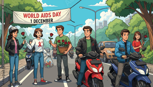 Community united on World AIDS Day, spreading awareness, hope, compassion, and support by sharing roses on the streets.