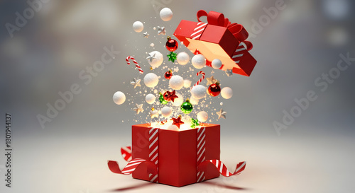 Gift of Wonder: An open gift box unleashes a cascade of Christmas ornaments, each symbolising the season's magic and cheer. Its a perfect illustration of Christmas Spirit.