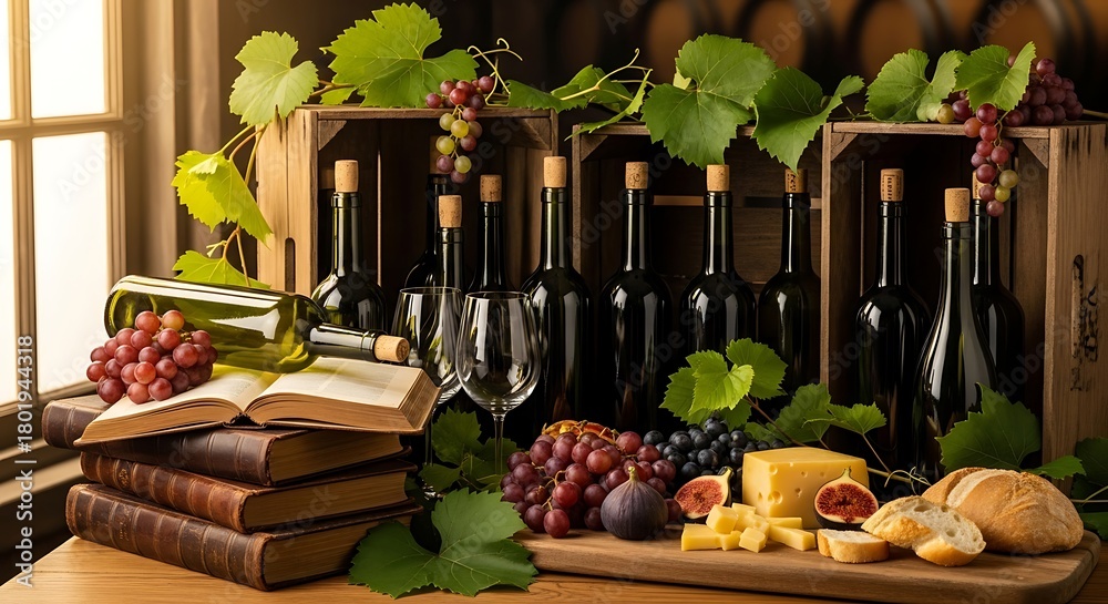 Fototapeta premium Wine tasting setup with bottles, grapes, cheese, figs, and books dark green