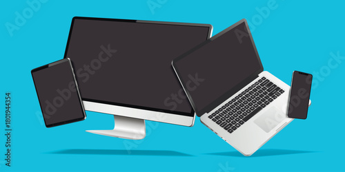 Desktop computer, laptop, phone and tablet with blank screens levitation on blue background.