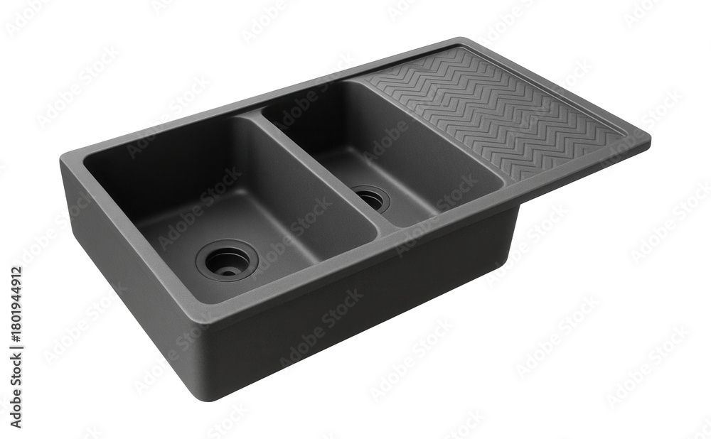 Fototapeta premium A durable stone resin double basin sink with a patterned drainboard for upscale kitchens.