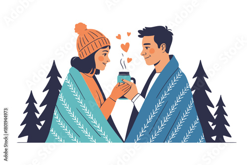 A couple wrapped in blankets shares a warm drink amidst pine trees.
