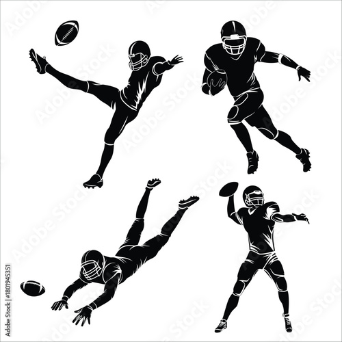 Silhouette Set of American Football Player in Kicker, Quarterback, Runner and Receiver Action Poses