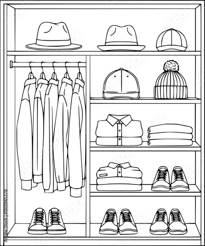 a outlined wardrobe with hats, clothes, and shoes on shelves, white background
