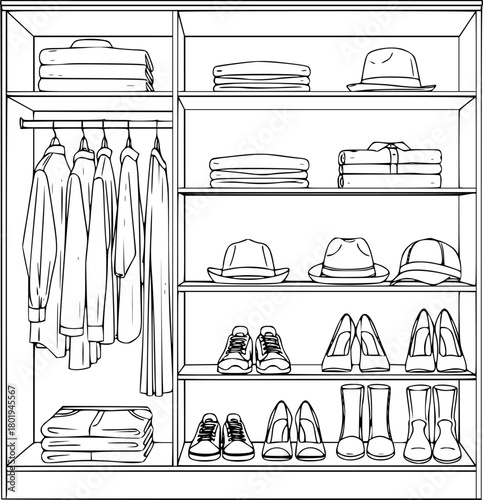a outlined wardrobe with hats, clothes, and shoes on shelves, white background
