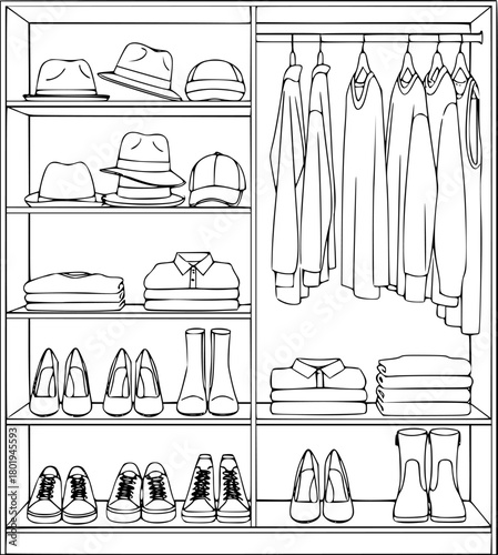 a outlined wardrobe with hats, clothes, and shoes on shelves, white background
