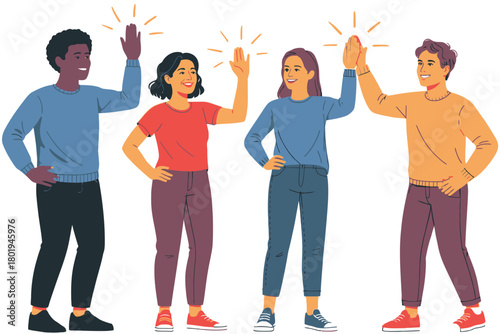Four diverse people happily giving each other high fives, celebrating success and teamwork.