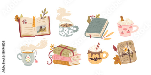 Autumn set with books, various cozy hot drinks in cute cups and leaves. Hand-drawn vector illustrations in cartoon trendy textured pastel style. For reading lovers. Isolate on white background.