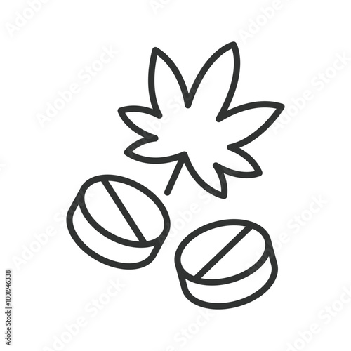 Medical marijuana icon in line design. cannabis leaf with pills, medical cannabis on white background vector. Medical marijuana editable stroke icon