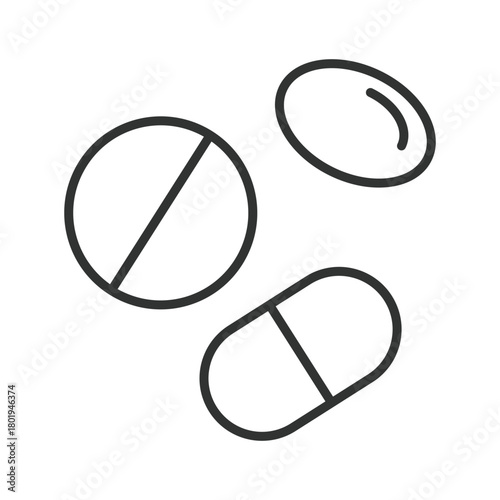 Drug pills icon in line design. assorted pills, capsules and tablets on white background vector. Drug pills editable stroke icon