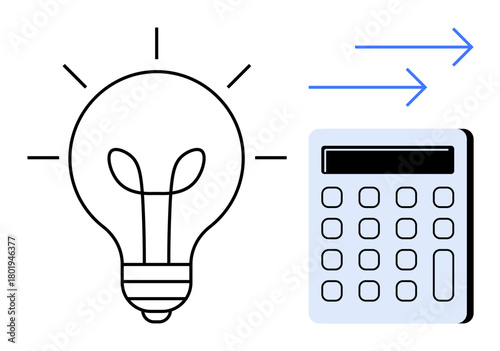 Light bulb representing ideas beside a calculator and arrows symbolizing strategy, efficiency, and progress. Ideal for innovation, finance, business, problem solving, productivity, planning