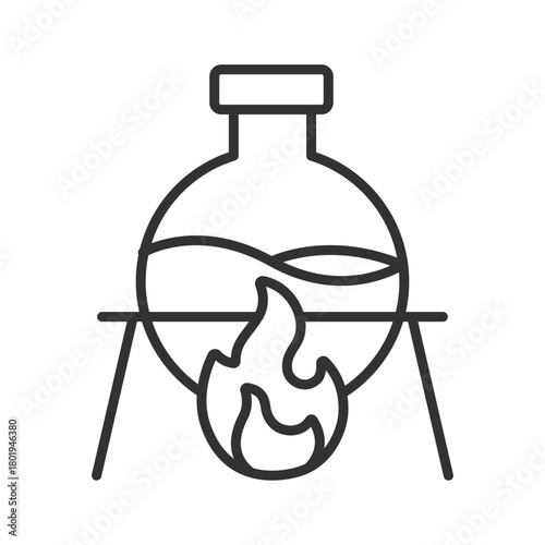 Burning flask icon in line design. heating flask, chemical reaction on white background vector. Burning flask editable stroke icon
