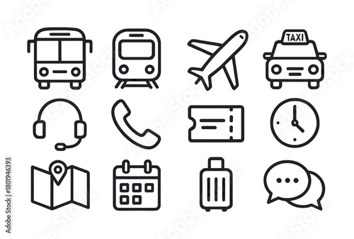Travel and transportation icons: bus, train, plane, taxi, map, ticket, clock