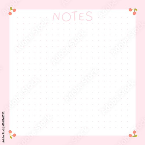 Cute kawaii Note template square vector frame with cherries. Cartoon hand-drawn doodle style. Perfect for stationery, design stickers for notes, notebook sheets, posts for social networks.