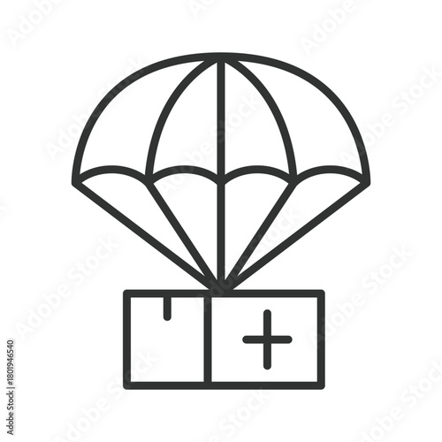 Medical airdrop icon in line design. parachute with first aid box, medicine delivery on white background vector. Medical airdrop editable stroke icon