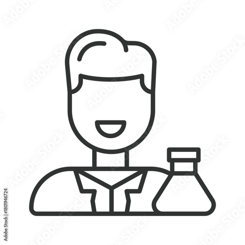 Laboratory assistant icon in line design. male lab worker, medical scientist on white background vector. Laboratory assistant editable stroke icon