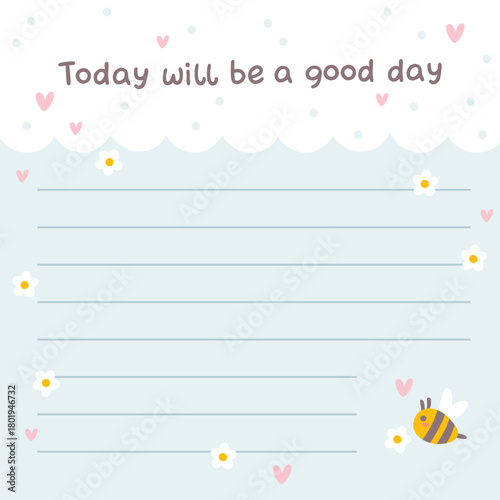 Cute kawaii template square vector frame with bees and chamomile flowers. Cartoon hand-drawn doodle style. for stationery, design stickers for notes, notebook sheets, posts for social networks.