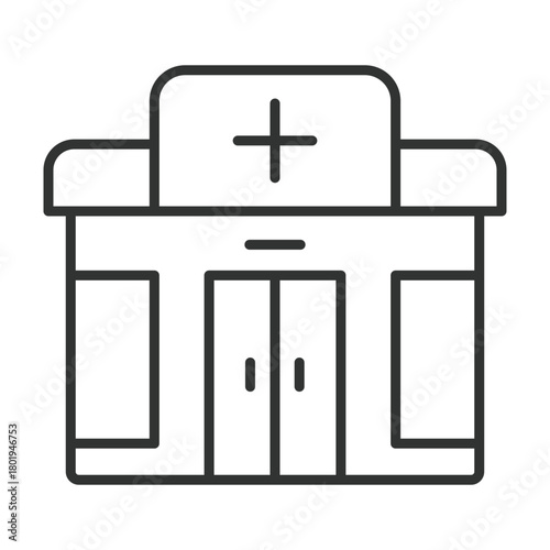 Pharmacy icon in line design. medical building, drugstore front on white background vector. Pharmacy editable stroke icon