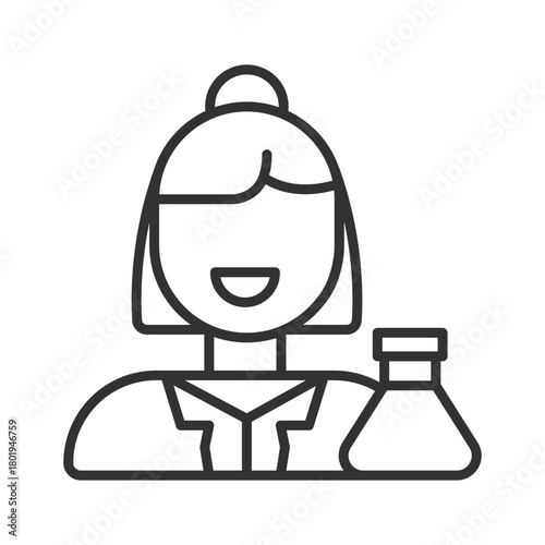 Lab skills icon in line design. female laboratory assistant, medical researcher on white background vector. Lab skills editable stroke icon