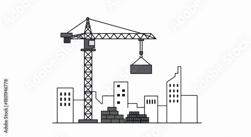 Construction site with crane lifting cargo and buildings in progress.