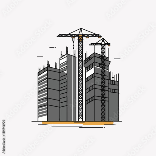 Modern city skyscrapers under construction with tower cranes.