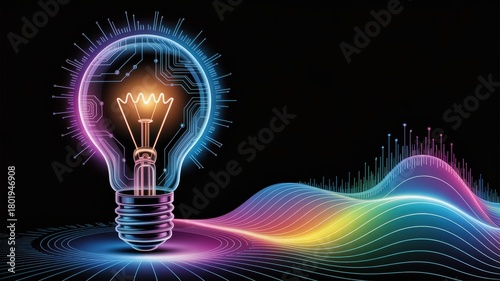 Glowing light bulb with circuit board lines and colorful data wave visualization on dark background