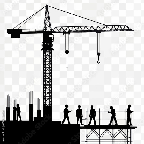 Silhouette of construction site with crane and workers.