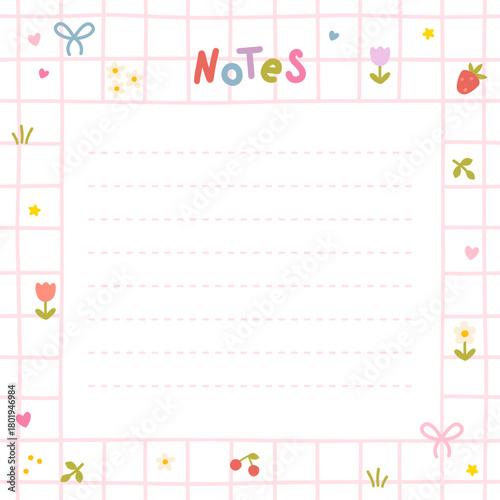 Cute kawaii template square vector frame. Cartoon hand-drawn doodle style. Perfect for stationery, design stickers for notes, notebook sheets, posts for social networks. Pastel palette.