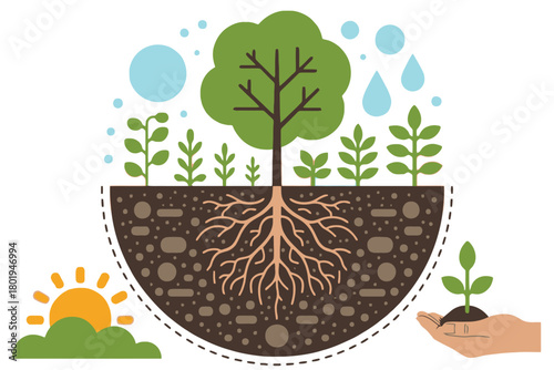 A semi-circular diagram shows a tree with visible roots, growing plants, sunlight, and raindrops.
