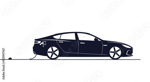 Modern electric car silhouette charging with a cable connected to a power outlet on a white background