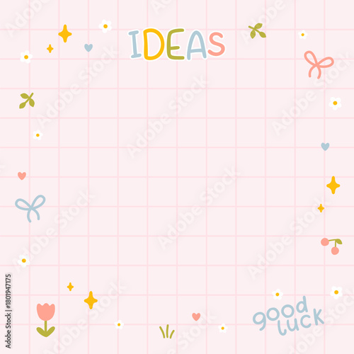 Cute kawaii template square vector frame. Cartoon hand-drawn doodle style. Perfect for stationery, design stickers for notes, notebook sheets, posts for social networks. Pastel palette.