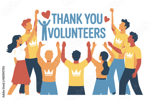 A diverse group of people holds up a banner that says "Thank You Volunteers."