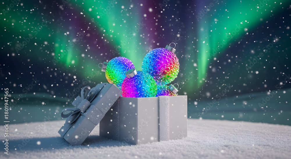 Obraz premium Mystical Gift of Lights: A sparkling gift box overflows with shimmering orbs of vibrant colors under the ethereal dance of the aurora borealis, a perfect image of wonder and celebration.