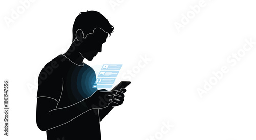 Silhouette of a young man wearing headphones and looking at his glowing smartphone screen
